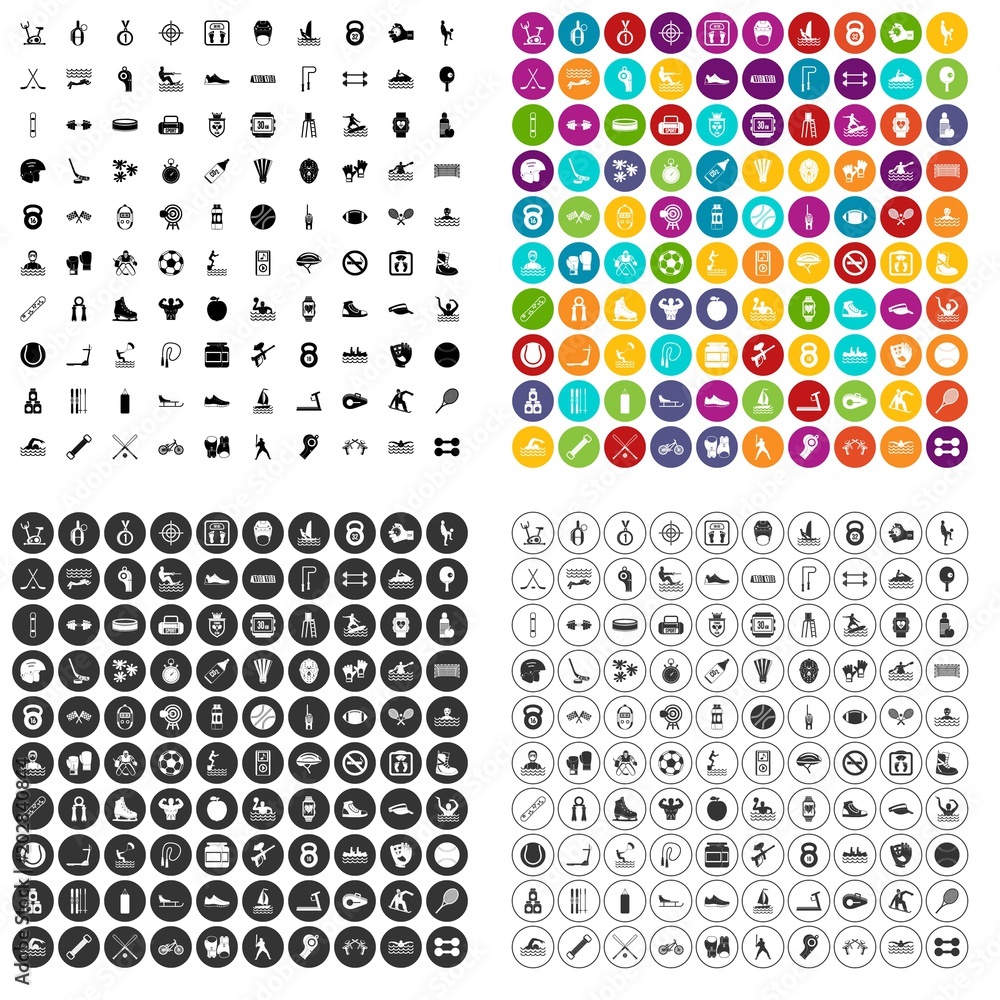 100 physical training icons set vector in 4 variant for any web design isolated on white