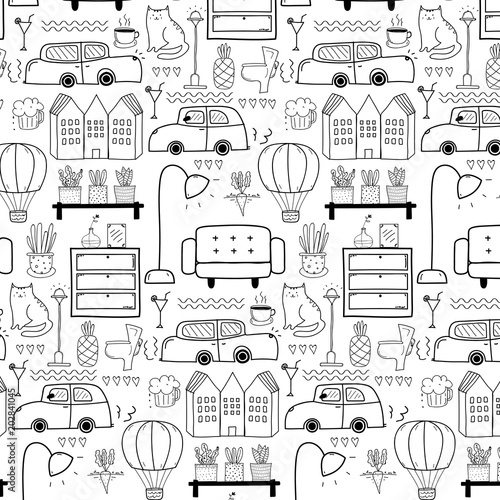 Line Hand Drawn Doodle Living Pattern Background. Vector Illustration.