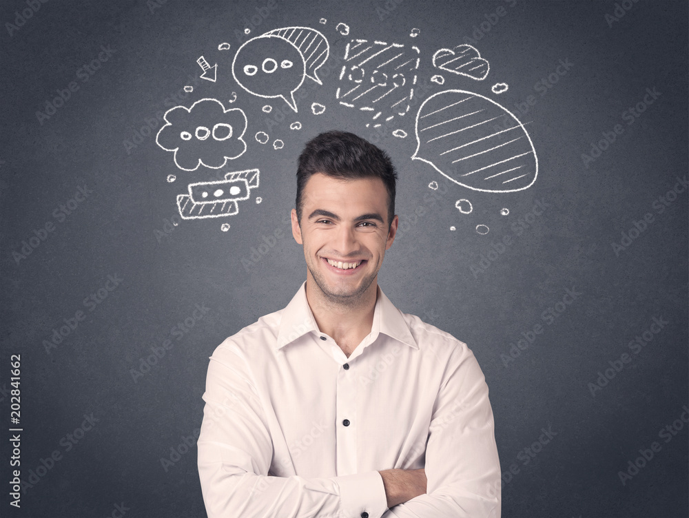 Young casual businessman with drawn speech bubbles over his head Young casual businessman with drawn speech bubbles over his head