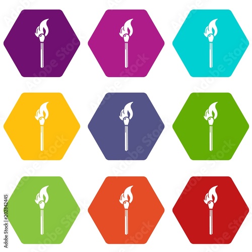 Burning match icons 9 set coloful isolated on white for web