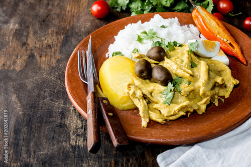 MEXICAN AND PERUVIAN CUISINE. Aji de gallina. Chicken aji de gallina with olives egg and rice on clay plate. Tipical peruvian and mexican dish photo