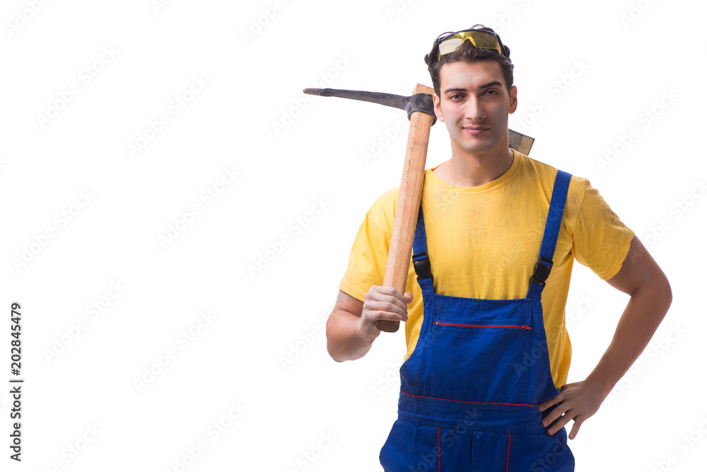 Young man contractor with axe isolated on white Young man contractor with axe isolated on white