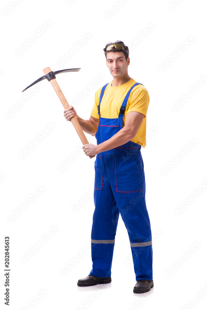 Young man contractor with axe isolated on white Young man contractor with axe isolated on white