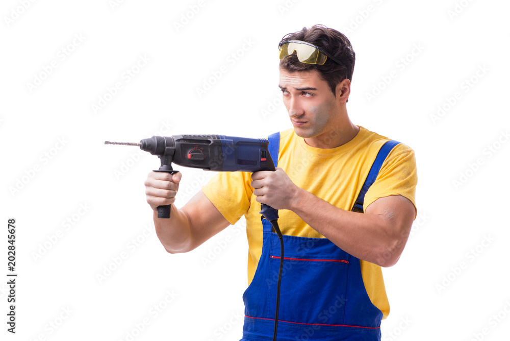 Contractor employee with hand power drill on white background Contractor employee with hand power drill on white background