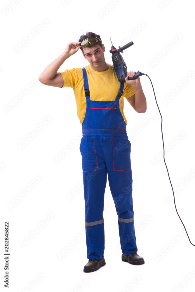 Contractor employee with hand power drill on white background Contractor employee with hand power drill on white background