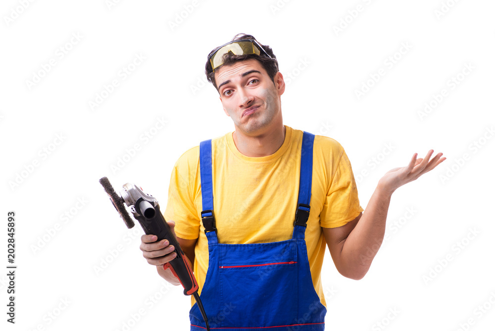 Contractor employee with sander isolated on white background Contractor employee with sander isolated on white background
