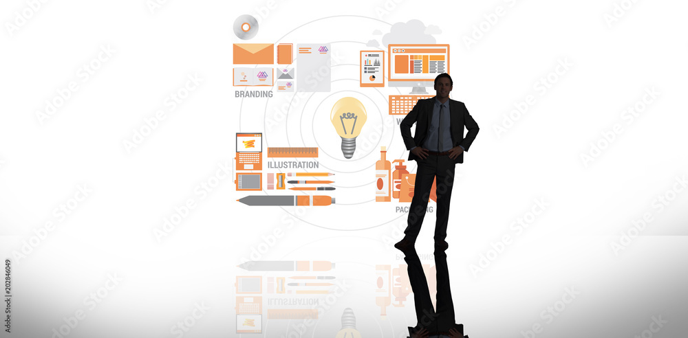 Fototapeta premium Businessman standing with hands on hips against white background with vignette