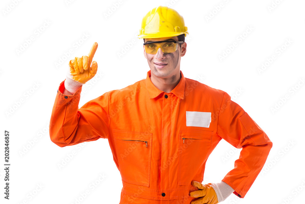 Contractor employee wearing coveralls isolated on white Contractor employee wearing coveralls isolated on white