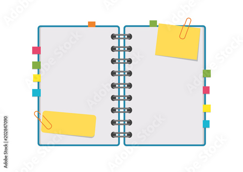 Open notepad with clean sheets on a spiral with bookmarks between the pages. Colorful flat vector illustration isolated on white background. With space for text or image.