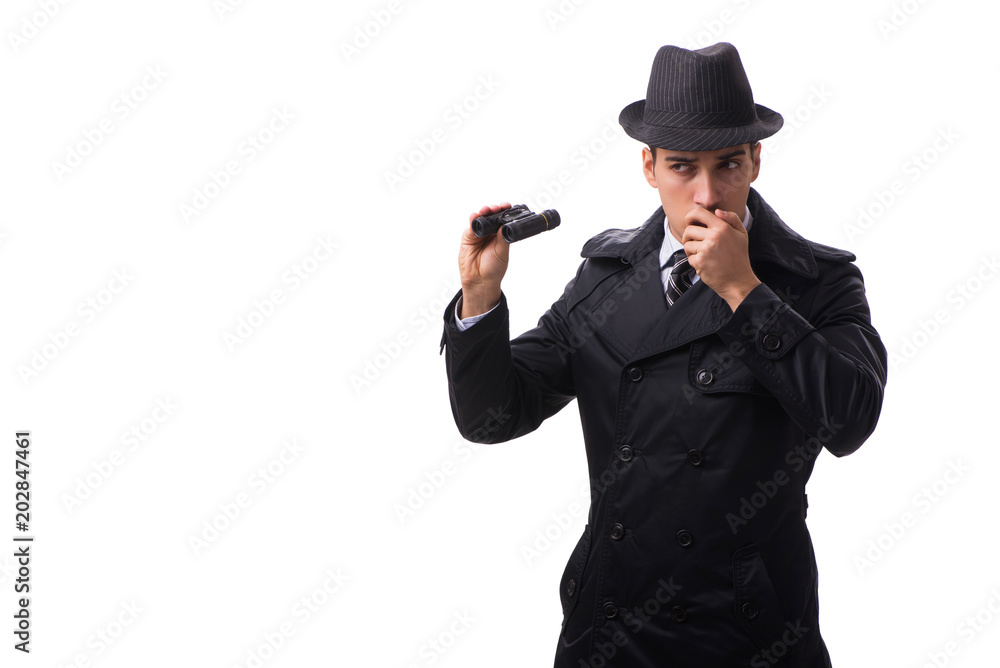 Spy with binoculars isolated on white background Spy with binoculars isolated on white background