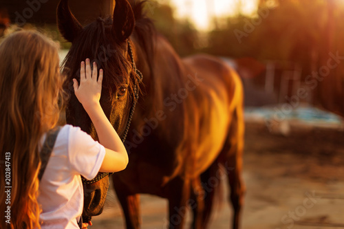 Young blonde girl stroking a brown horse.