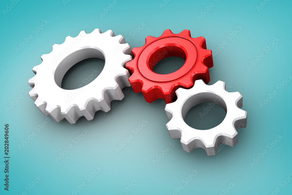 Composite image of White and red cogs and wheels against blue vignette Composite image of White and red cogs and wheels against blue vignette
