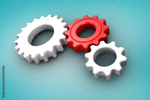 Composite image of White and red cogs and wheels against blue vignette