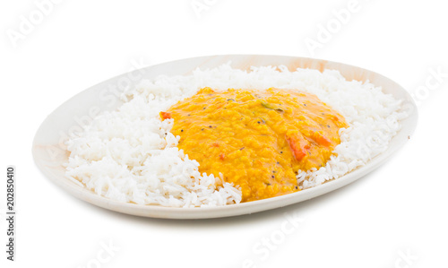 Indian Traditional Cuisine Dal Fry or Rice Also Know as Dal Chawal, Daal Chawal, Dal Rice, Whole Yellow Lentil with Rice or Dal Tadka, Daal Fry Served with Rice isolated on White Background