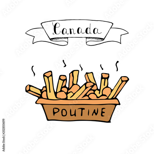 Hand drawn doodle Poutine icon traditional quebec meal with french fries gravy and cheese curds Vector illustration isolated on whire Canadian breakfast symbol Cartoon element of Canada food 