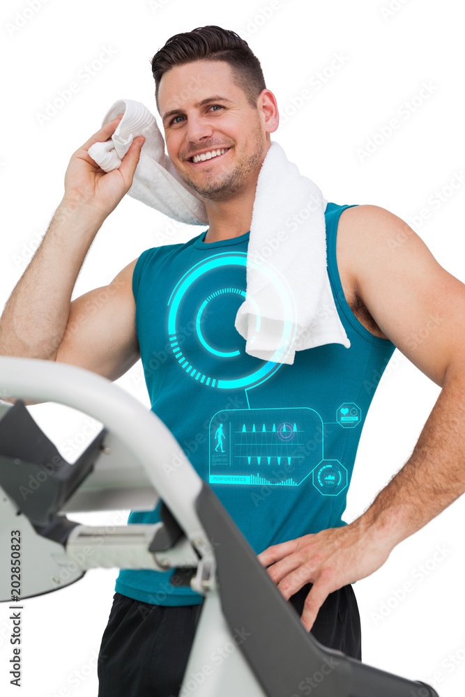 Young man running on a treadmill against fitness interface Young man running on a treadmill against fitness interface
