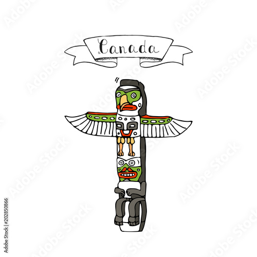 Hand drawn doodle Canada culture indigenous people landmark - totem pole icon Vector illustration canadian isolated symbol on white background Cartoon element wooden relegion sign Aboroginal element