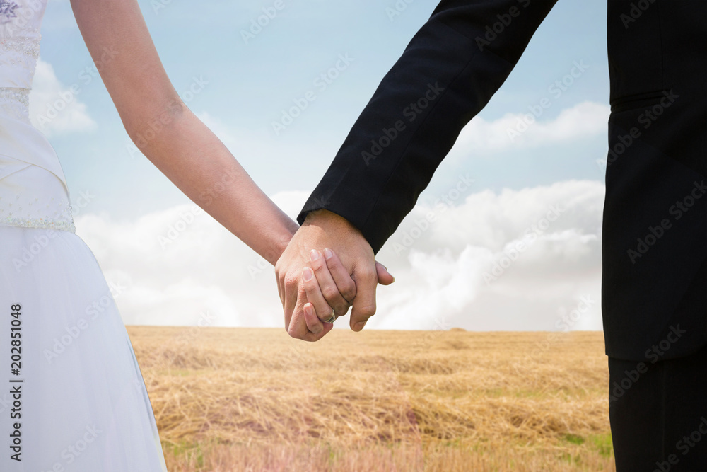 Φωτογραφία Mid section of newlywed couple holding hands in park against bright brown landsc
