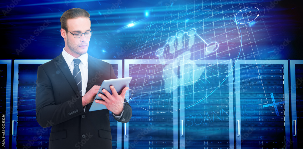 Fotografie Unsmiling businessman using tablet pc against digital security hand print scan