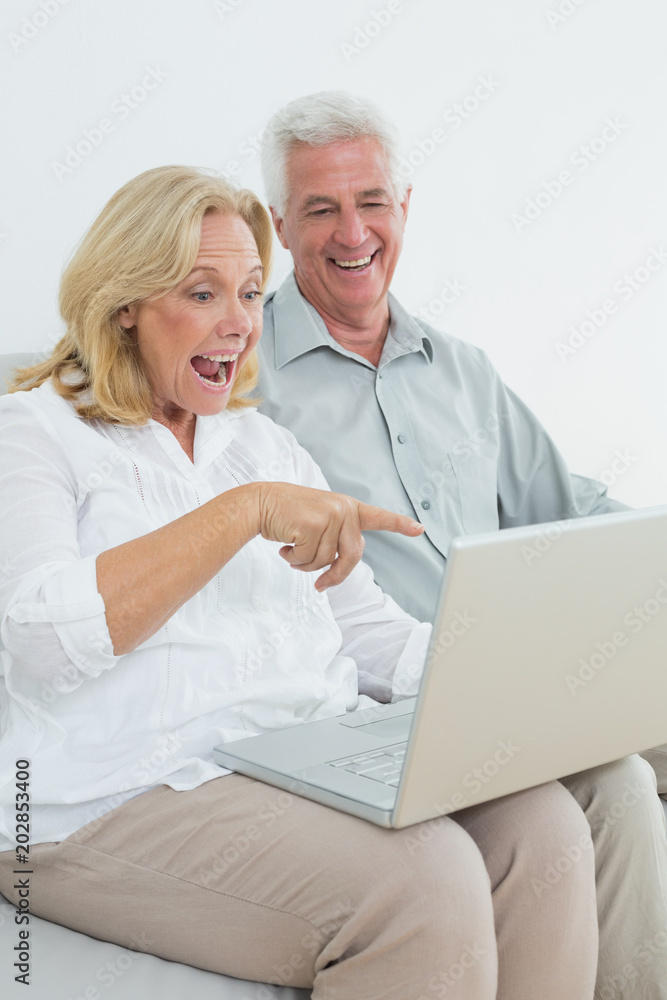 Cheerful senior couple using laptop at house