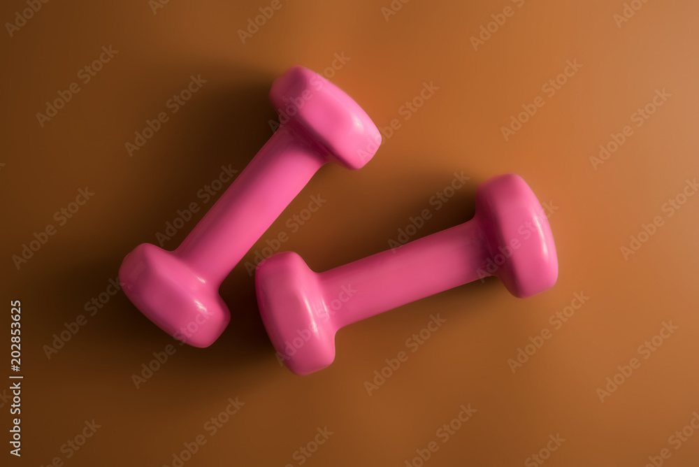 Two pink dumbbells isolated on brown color background. Top view. Flat lay Two pink dumbbells isolated on brown color background. Top view. Flat lay