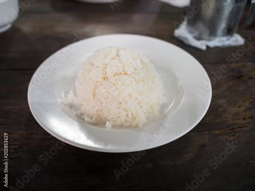 Steamed rice in the dish placed on the table