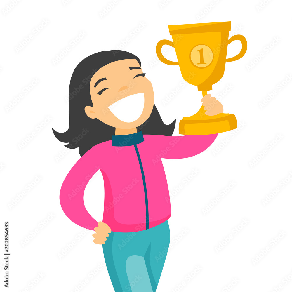 Young cheerful caucasian white sportswoman holding trophy. Excited smiling person awarded with a gold trophy. Winner concept. Vector cartoon illustration isolated on white background. Square layout.
