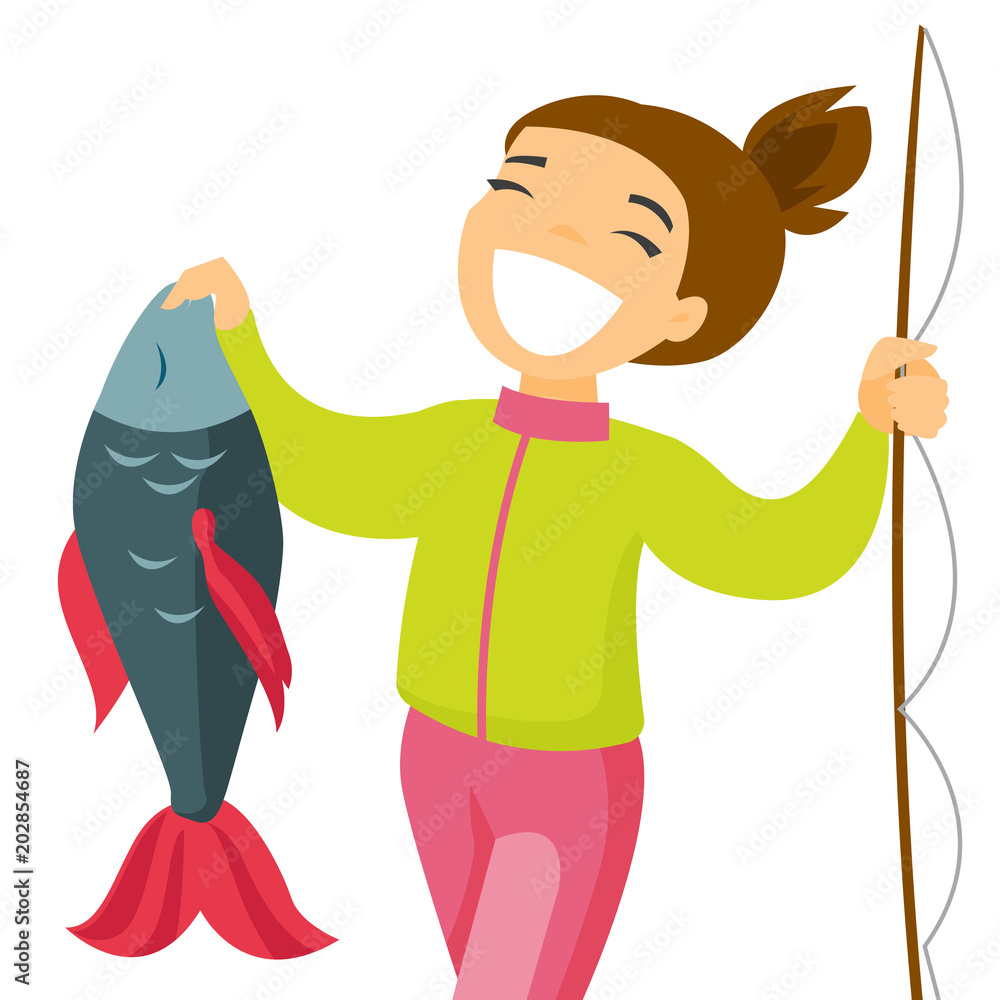 Happy caucasian white fisherwoman proud of catch after fishing. Young