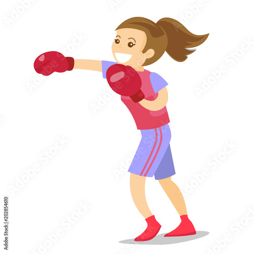 Smiling caucasian white boxer in red boxing gloves training during fitness workout. Female boxer exercising in boxing gloves. Vector cartoon illustration isolated on white background. Square layout.