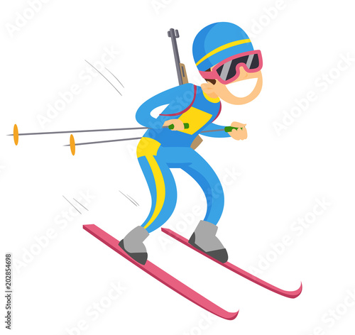 Young caucasian white sportsman taking part in ski biathlon competition. Cheerful biathlon runner running with a rifle gun behind his back. Vector cartoon illustration isolated on white background.