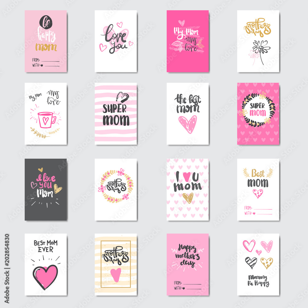 Set Of Happy Mother Day Greeting Cards With Beautiful Hand Drawn Lettering Vector Illustration Set Of Happy Mother Day Greeting Cards With Beautiful Hand Drawn Lettering Vector Illustration