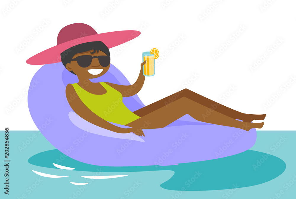 Young african-american woman in sunglasses relaxing in swimming pool. Cheerful woman in glasses sitting on rubber inflatable chaise longue on water. Vector cartoon illustration. Horizontal layout.