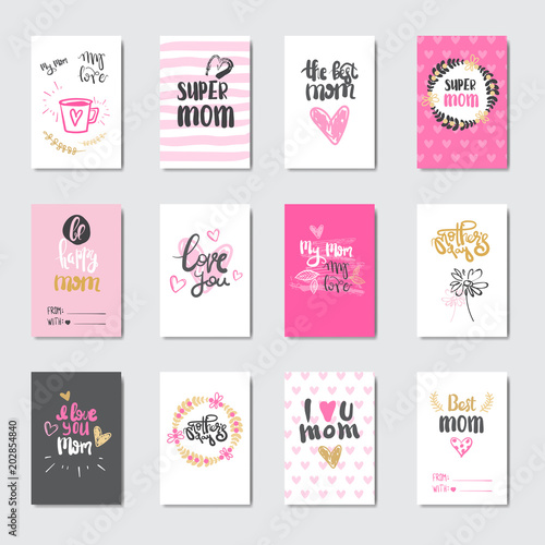 Mothers Day Creative Greeting Cards Set Hand Drawn Isolated Vector Illustration