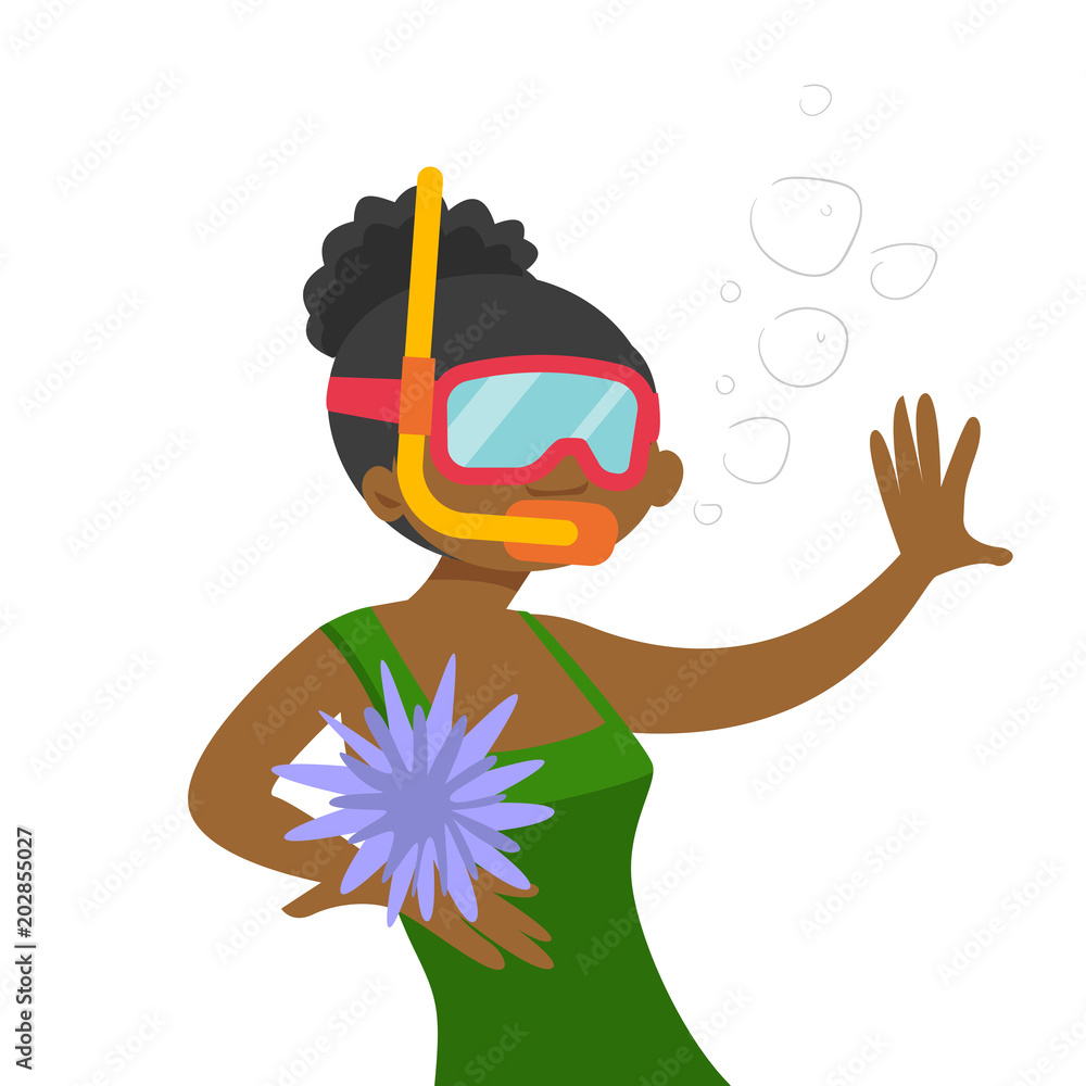 Φωτογραφία Young african-american woman in mask and snorkel tube swimming underwater with marine creature