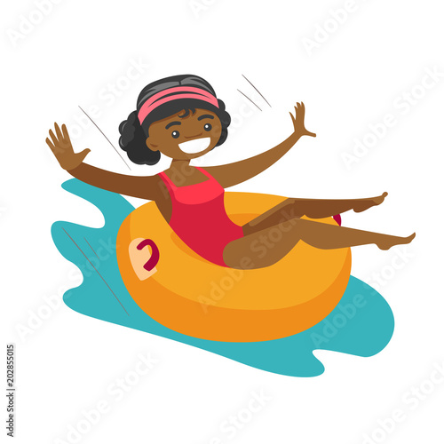 Young african-american woman on rubber ring riding down a waterslide at the aquapark. Happy woman having fun on a water slide in waterpark. Vector cartoon illustration isolated on white background.