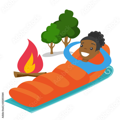 Young african-american woman resting in a sleeping bag during a hike. Smiling woman laying on the ground wrapped up in a mummy sleeping bag. Vector cartoon illustration isolated on white background.