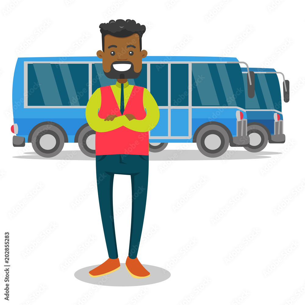 Young black bus driver in uniform standing on the background of buses. Bus driver posing against a blue tourist bus. Vector cartoon illustration isolated on white background. Square layout.