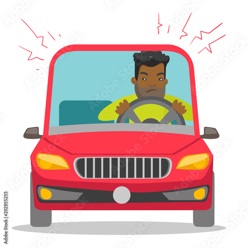 Angry black man in a car stuck in traffic jam. Irritated young hipster man with beard driving a car in a traffic jam. Vector cartoon illustration isolated on white background. Square layout.