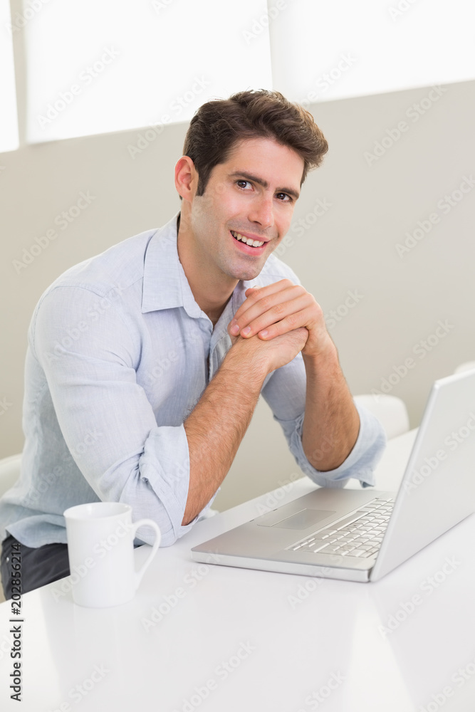 Fototapeta premium Casual smiling man using laptop at home