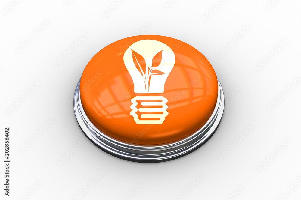 Composite image of light bulb with plant inside graphic on shiny orange push button Composite image of light bulb with plant inside graphic on shiny orange push button