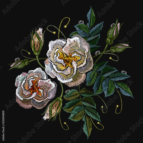 White roses embroidery. Template for design of clothes, t-shirt design, tapestry flowers renaissance style vector. Classical embroidery vintage roses on black background