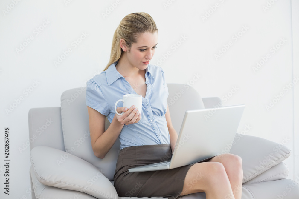 Lovely young businesswoman working on laptop holding a cup Lovely young businesswoman working on laptop holding a cup