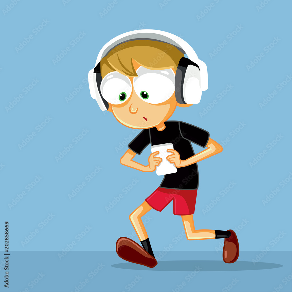 Funny Boy with Headphone Checking His Smartphone Vector Illustration Funny Boy with Headphone Checking His Smartphone Vector Illustration