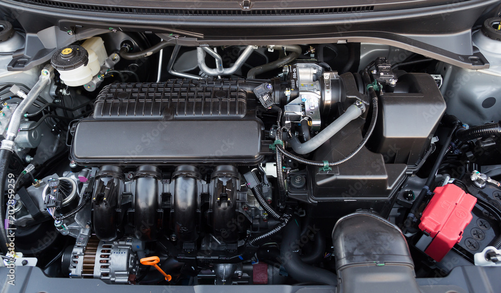 Close up detail of new car engine Close up detail of new car engine