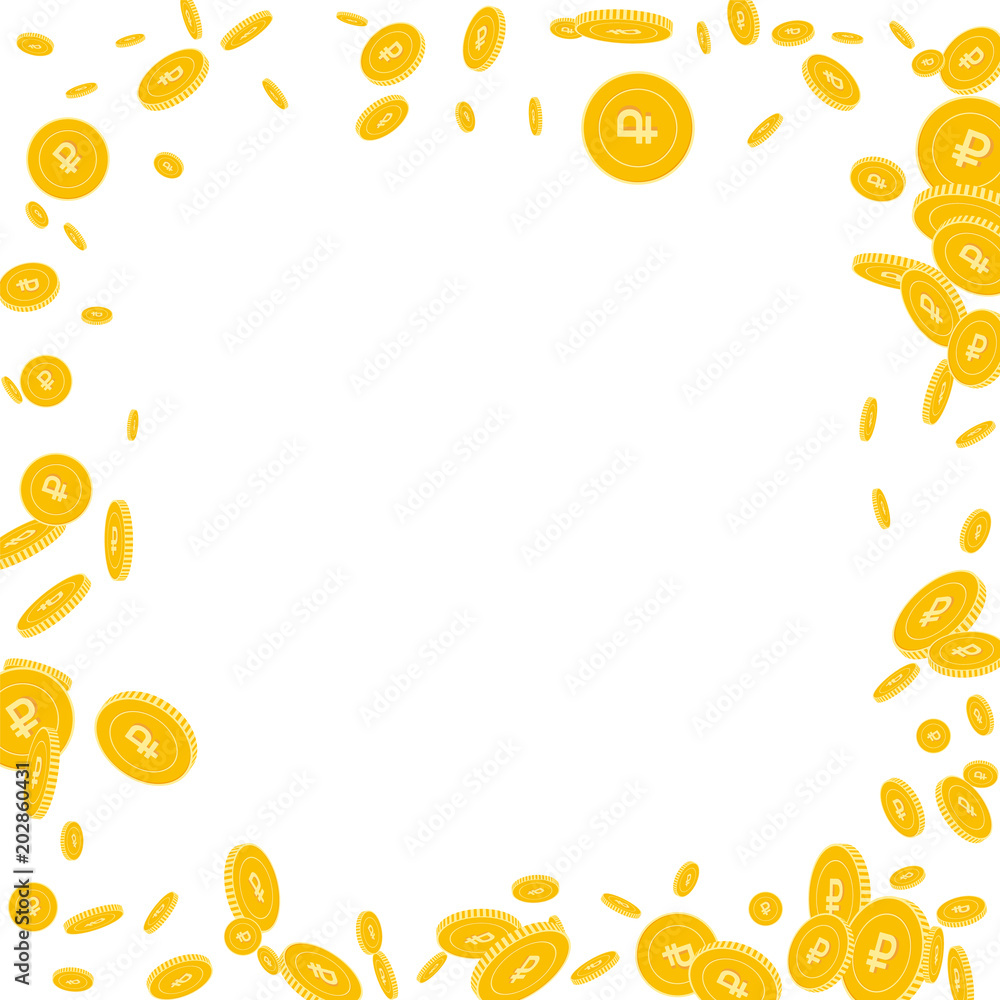 Russian ruble coins falling. Scattered disorderly RUB coins on white background. Positive chaotic border vector illustration. Jackpot or success concept. Russian ruble coins falling. Scattered disorderly RUB coins on white background. Positive chaotic border vector illustration. Jackpot or success concept.