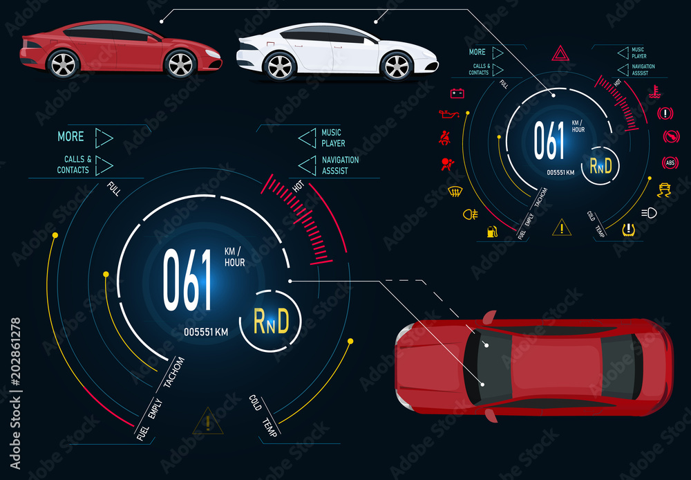 Car service. Digital automotive dashboard of a modern car. Graphic display, diagnostics. illustration Car service. Digital automotive dashboard of a modern car. Graphic display, diagnostics. illustration