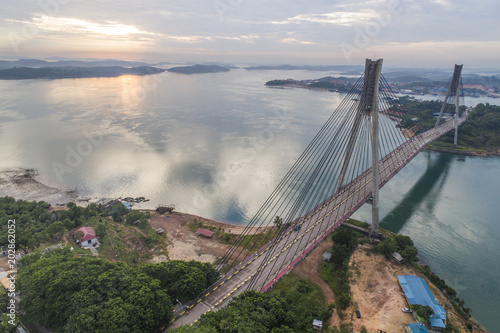 Aerial view of Barelang Bridge connecting Batam Islands at sunrise, Indonesia