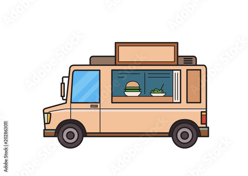 Beige food truck with burger and salad on the counter. Isolated image on white background. Vector illustration. Flat style.