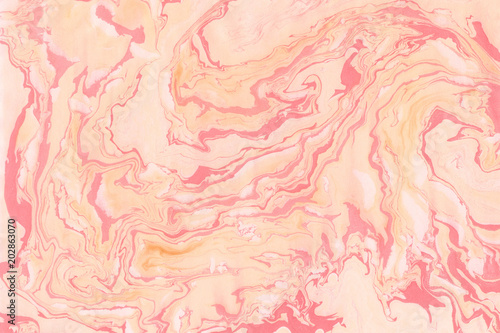 Suminagashi marble texture hand painted with deep orange ink. Digital paper 735 performed in traditional japanese suminagashi floating ink technique. Superb liquid abstract background.