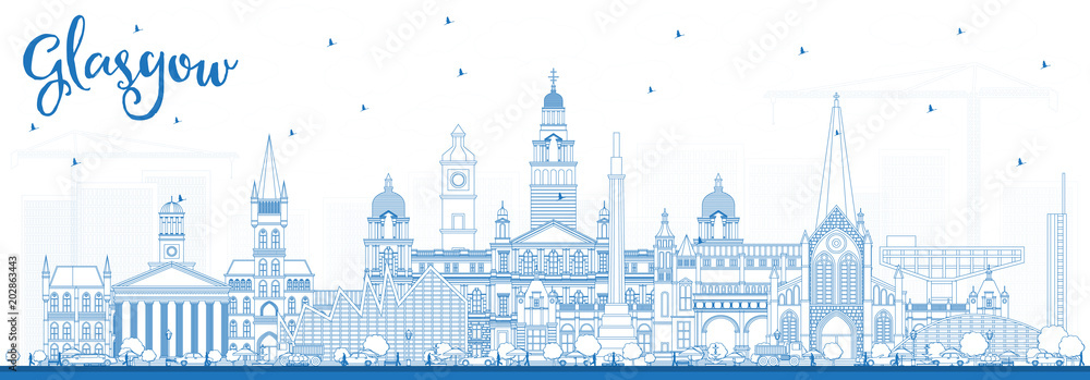 Outline Glasgow Scotland City Skyline with Blue Buildings.